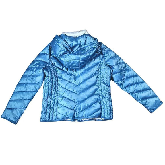 NWT Kenneth Cole Blue Gray Bib Front Zip Hooded Puffer Jacket Petrol L - Picture 8 of 16